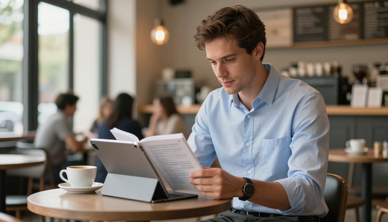 Confident man reading digital flipbook on iPad Pro at a bright modern cafe, natural daylight from windows Confident man reading digital flipbook on iPad Pro at a bright modern cafe, natural daylight from windows