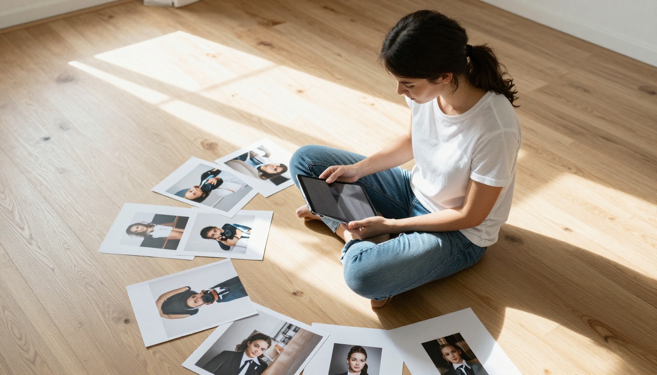 A female photographer sitting cross-legged on a hardwood floor reviewing her portfolio on an iPad A female photographer sitting cross-legged on a hardwood floor reviewing her portfolio on an iPad