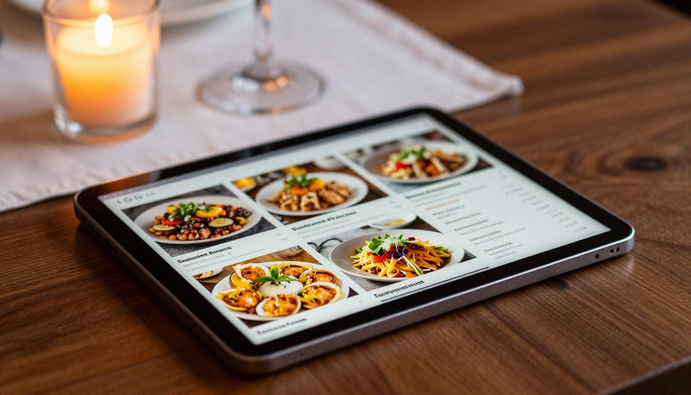 Digital restaurant menu flipbook on tablet at a candlelit walnut table, warm amber restaurant lighting Digital restaurant menu flipbook on tablet at a candlelit walnut table, warm amber restaurant lighting