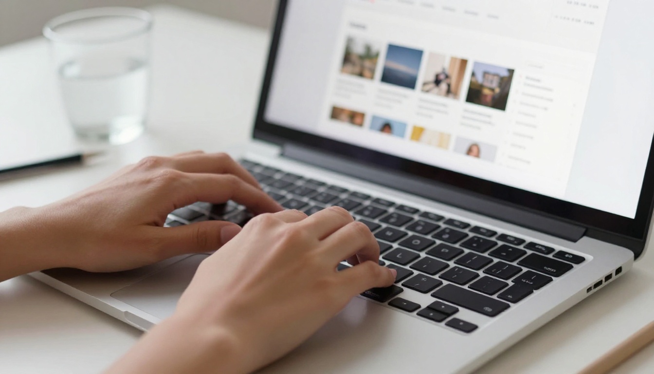 Close-up of hands typing on a MacBook keyboard with a portfolio template visible on screen Close-up of hands typing on a MacBook keyboard with a portfolio template visible on screen