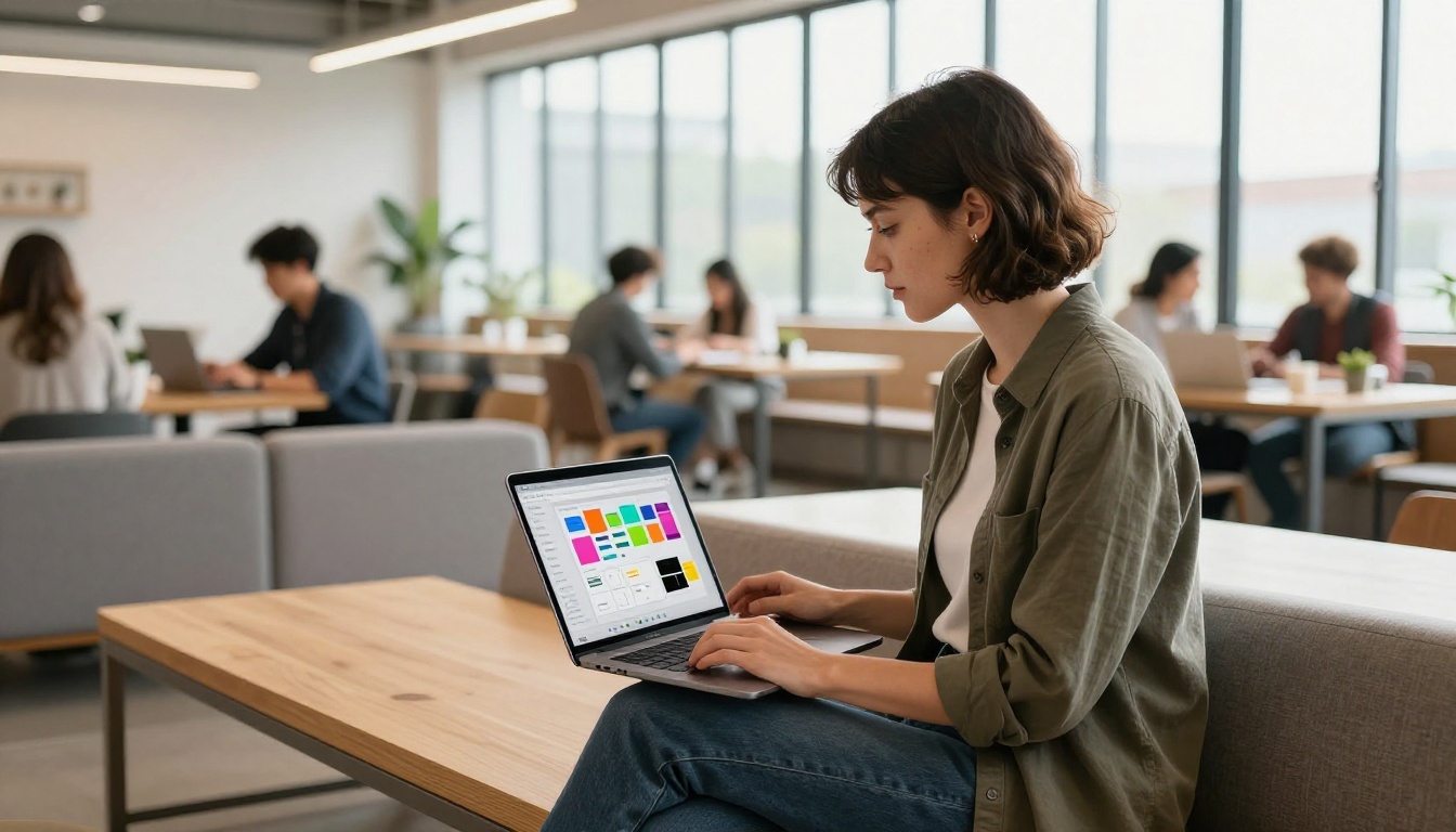 A web designer working on a portfolio builder in a bright modern co-working space A web designer working on a portfolio builder in a bright modern co-working space