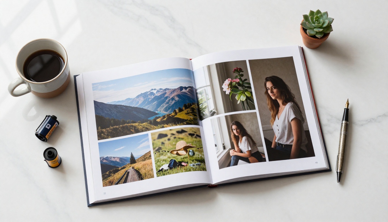 An overhead flat-lay of a printed photography portfolio on white marble with coffee and film rolls An overhead flat-lay of a printed photography portfolio on white marble with coffee and film rolls