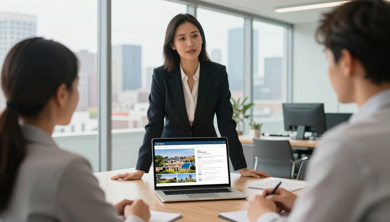 Real estate agent showing property brochure flipbook on laptop to seated clients in a glass-walled conference room Real estate agent showing property brochure flipbook on laptop to seated clients in a glass-walled conference room