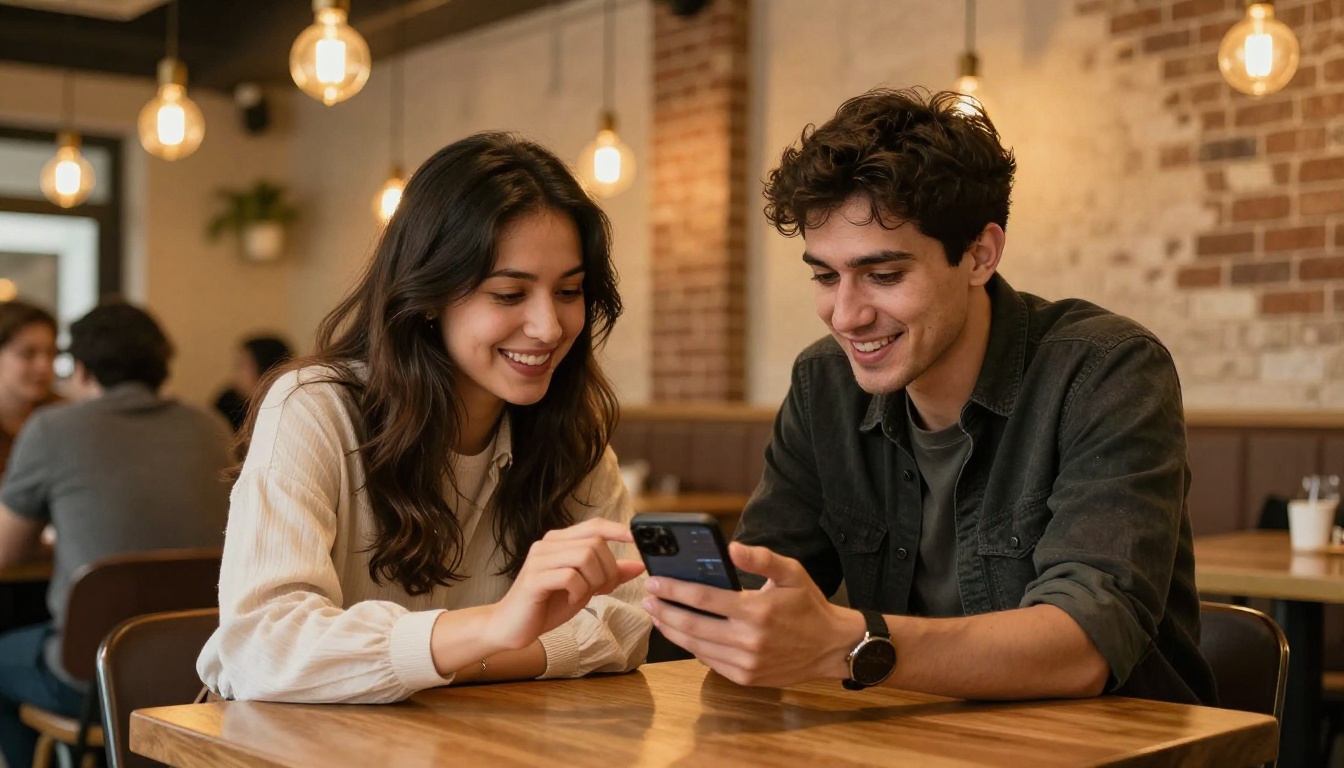 Two creative professionals sharing a digital portfolio on a phone at a cafe table Two creative professionals sharing a digital portfolio on a phone at a cafe table
