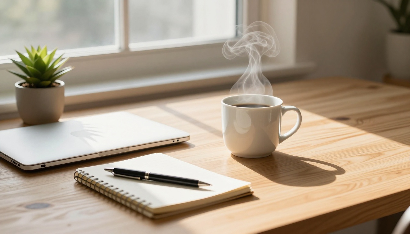 A minimal morning desk setup with a MacBook, steaming coffee, and an open notebook A minimal morning desk setup with a MacBook, steaming coffee, and an open notebook