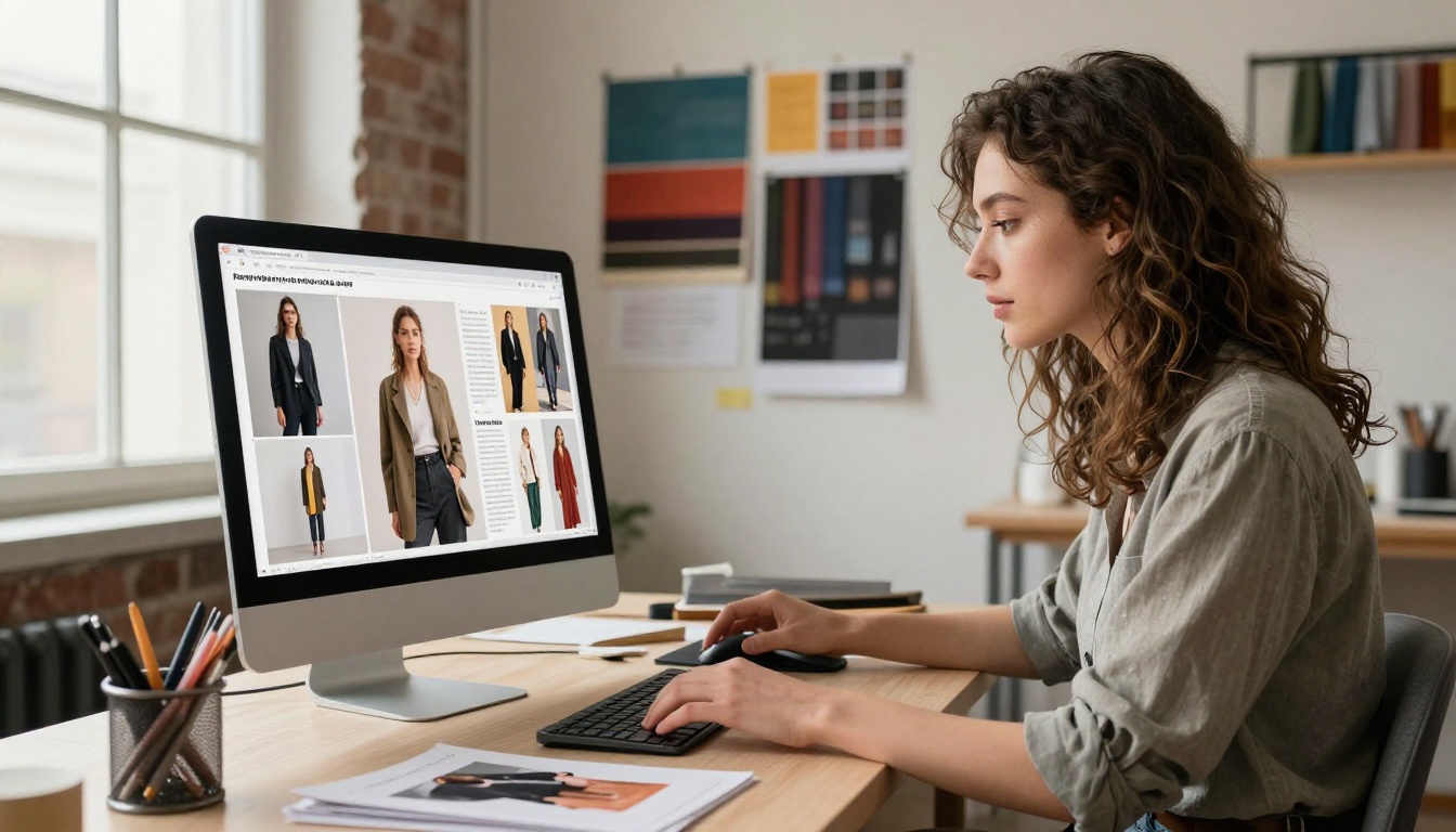 Young creative woman reviewing a fashion lookbook flipbook on a large desktop monitor in a studio with exposed brick walls Young creative woman reviewing a fashion lookbook flipbook on a large desktop monitor in a studio with exposed brick walls