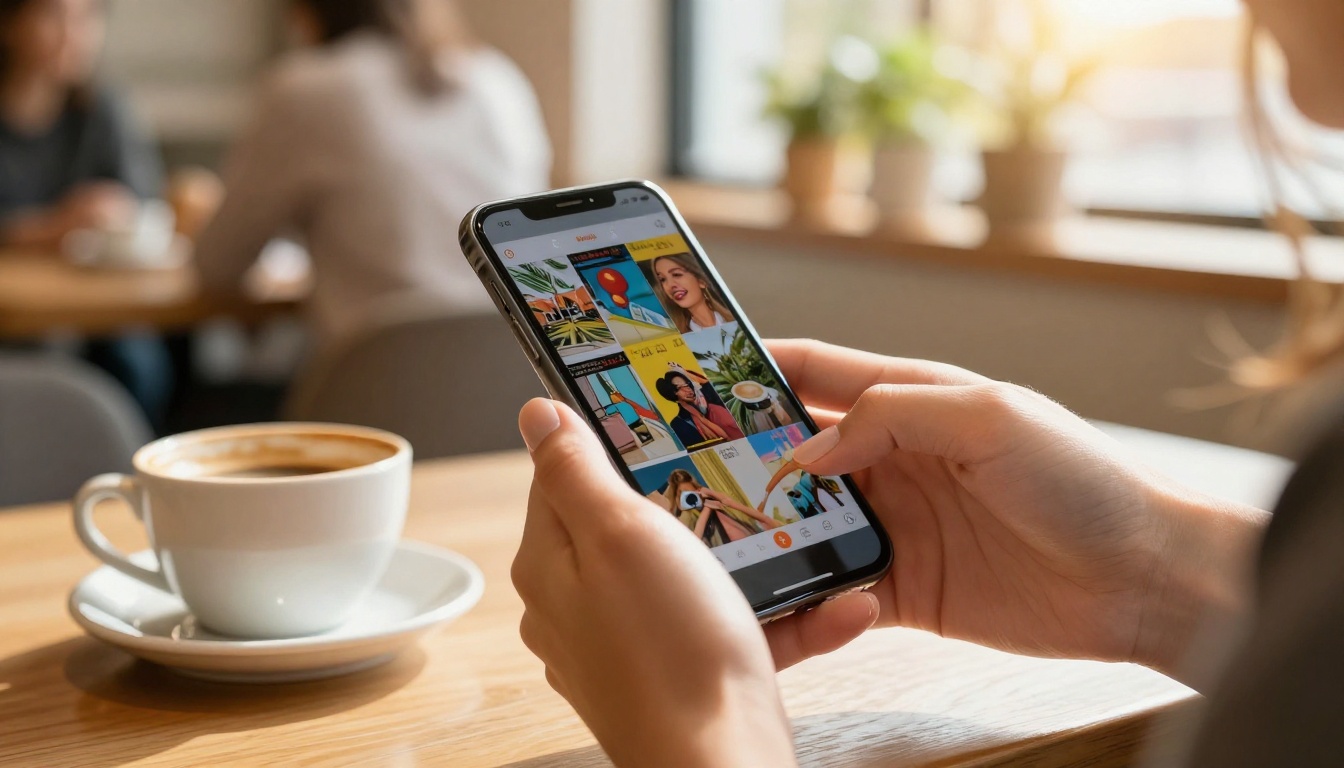 Woman scrolling through a colorful digital magazine on her smartphone at a coffee shop