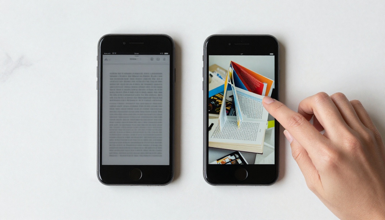 Two phones side by side showing a static PDF vs an interactive flipbook