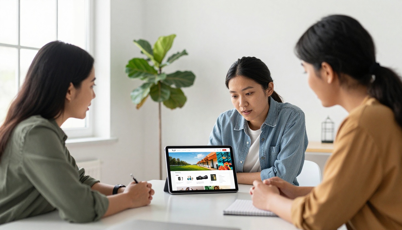Group of professionals leaning in to look at a vibrant digital catalog on a tablet