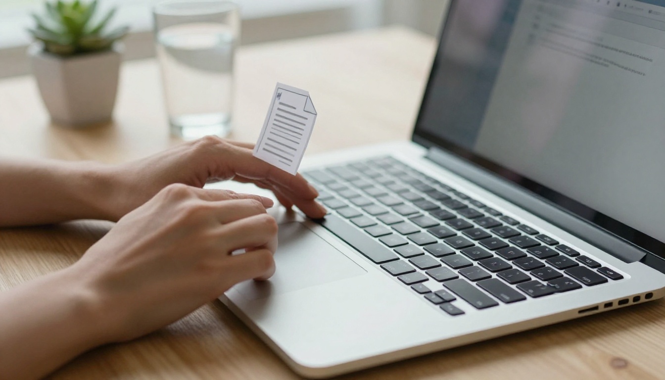 Woman uploading a PDF document to her laptop at a clean organized desk
