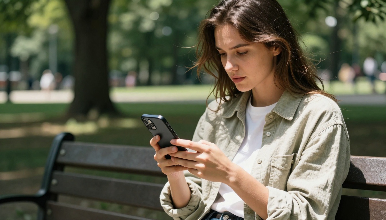 Young woman sharing content on her smartphone outdoors on a sunny park bench