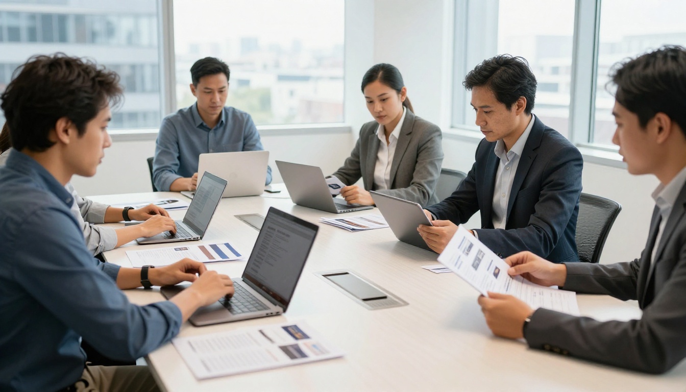 Marketing team in a bright modern conference room reviewing digital and printed content together