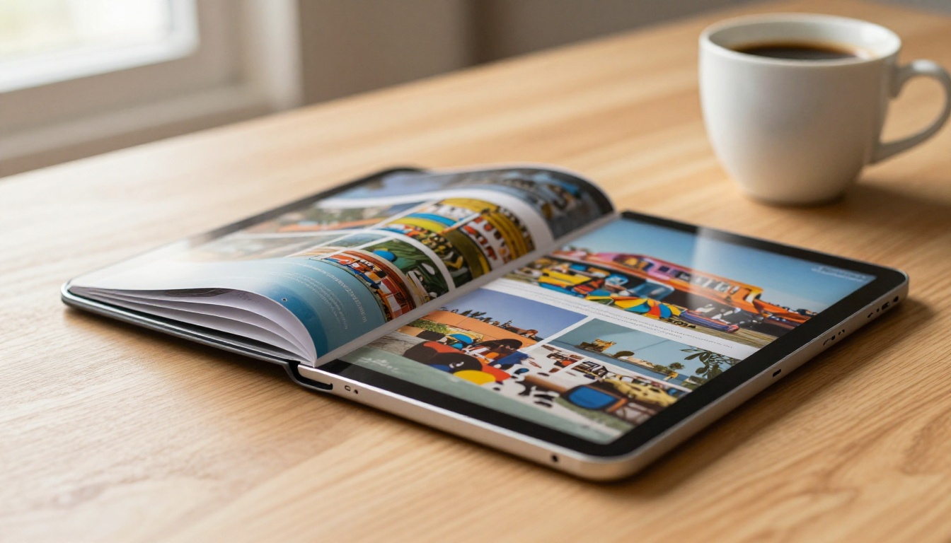 iPad Pro flat on an oak table displaying an open interactive flipbook with a realistic page-curl effect