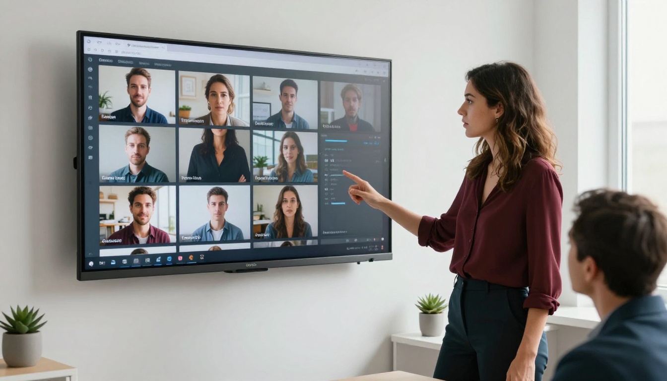 Confident woman presenting a digital portfolio flipbook on a large wall monitor to two attentive colleagues