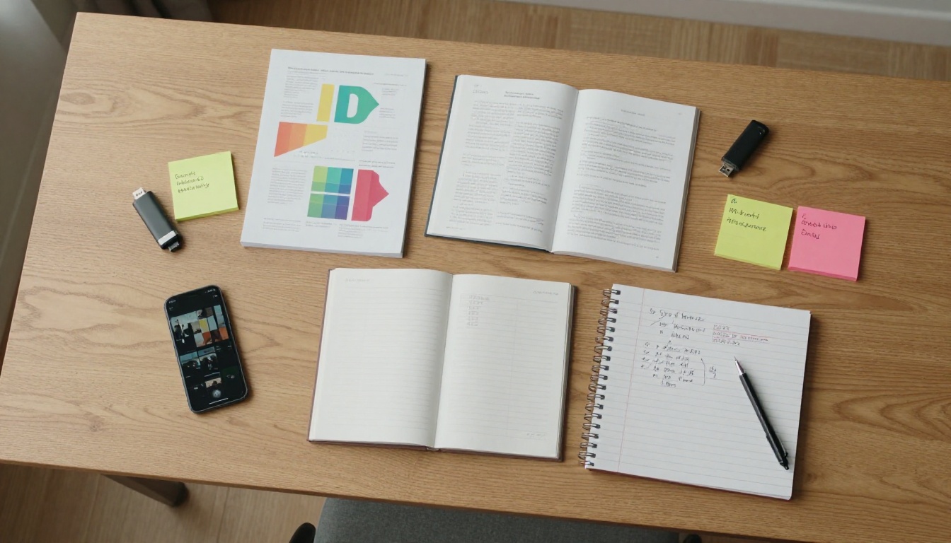 Overhead view of an organized desk with printed PDF pages, a smartphone showing photos, sticky notes, and handwritten content notes