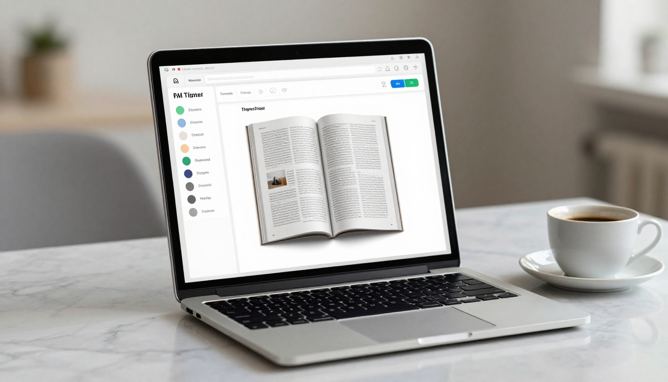 A clean web-based flipbook creation interface displayed on a laptop screen on a marble desk