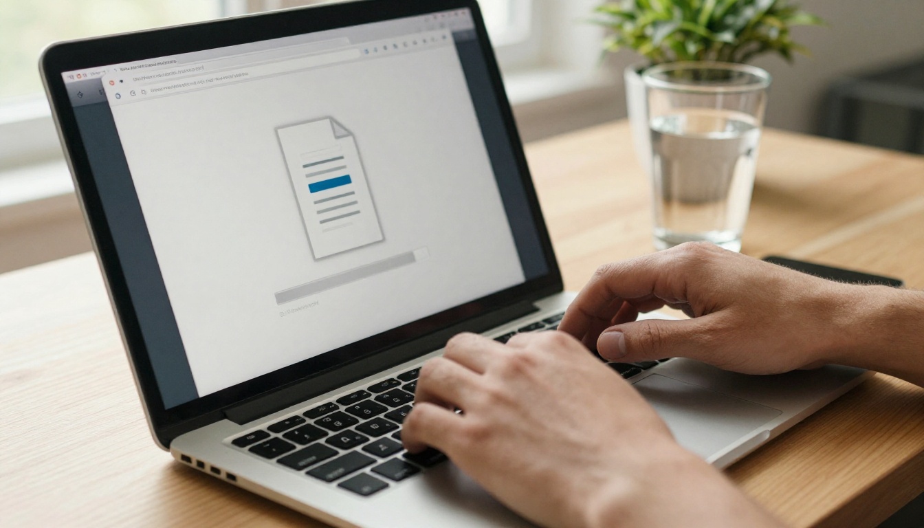A man's hands uploading a PDF file to a flipbook interface on a laptop with a houseplant in the background