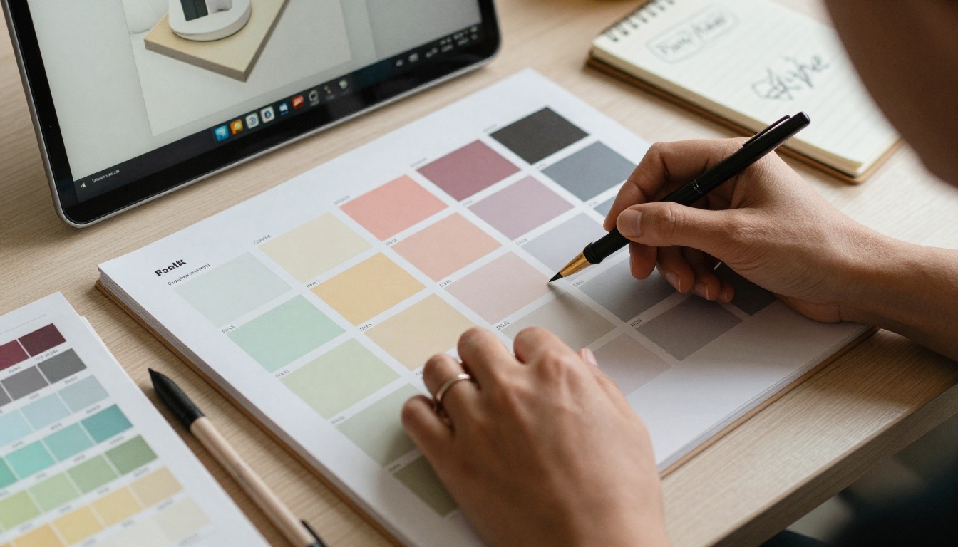 A woman's hands selecting brand colors from a digital color palette surrounded by Pantone booklets and logo sketches