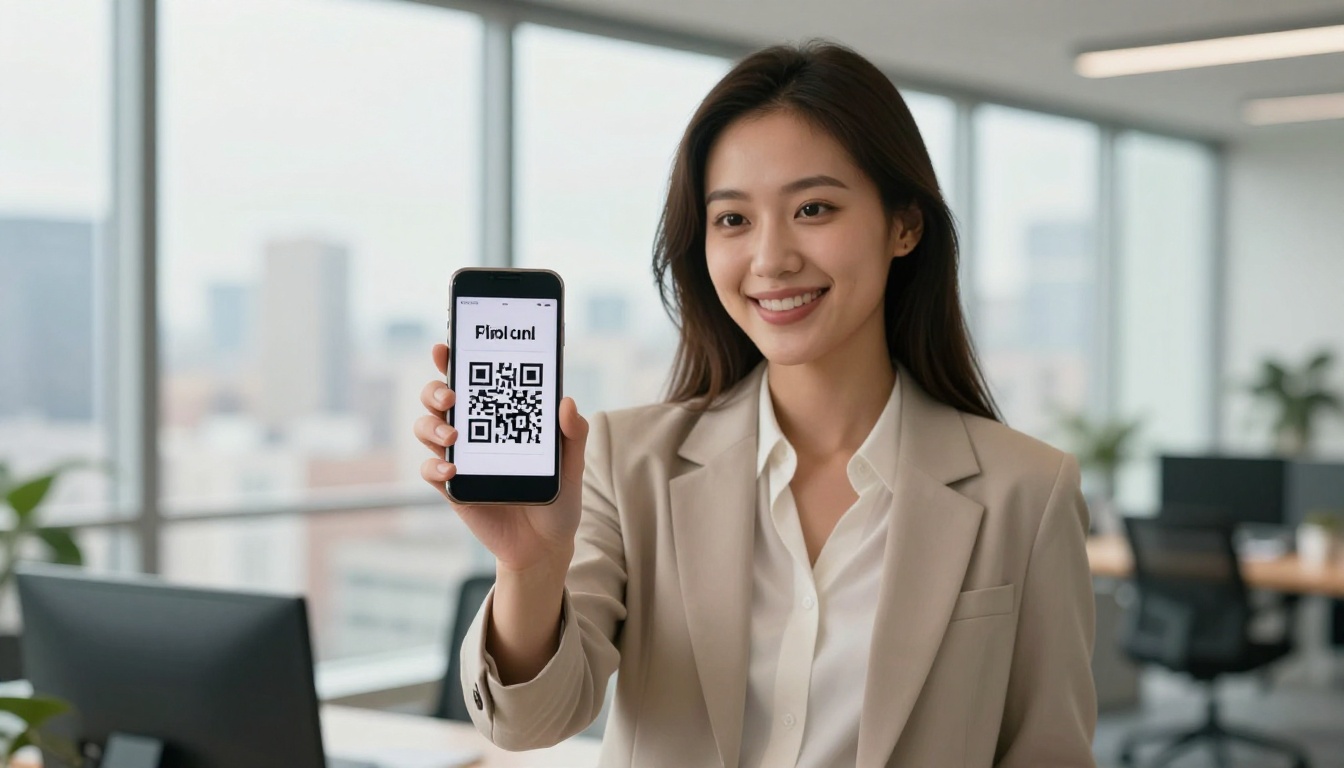 A professional woman smiling while sharing a flipbook link on her smartphone in a bright modern office with city skyline views