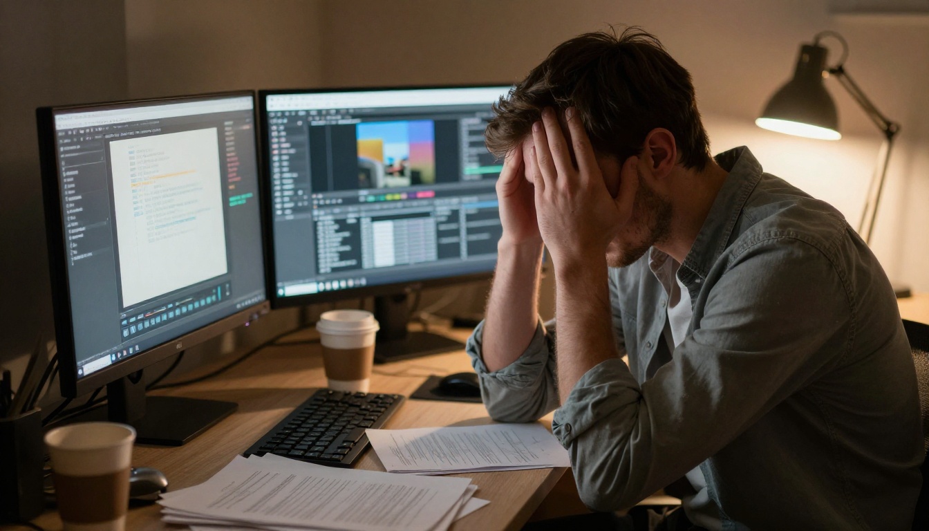 A young man overwhelmed by complex design software on dual monitors with papers scattered and empty coffee cups on the desk