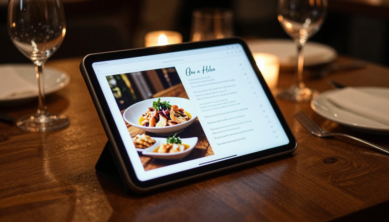 A tablet propped on a stand at a restaurant table displaying an elegant digital menu flipbook under warm candlelight