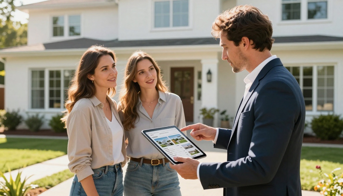A real estate agent showing a property brochure flipbook on an iPad to an interested couple outside a modern home