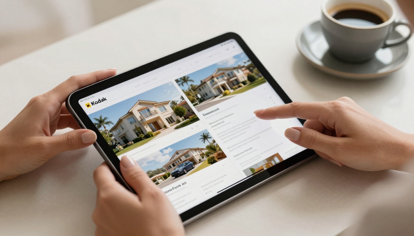 Hands scrolling through a digital brochure on a modern tablet