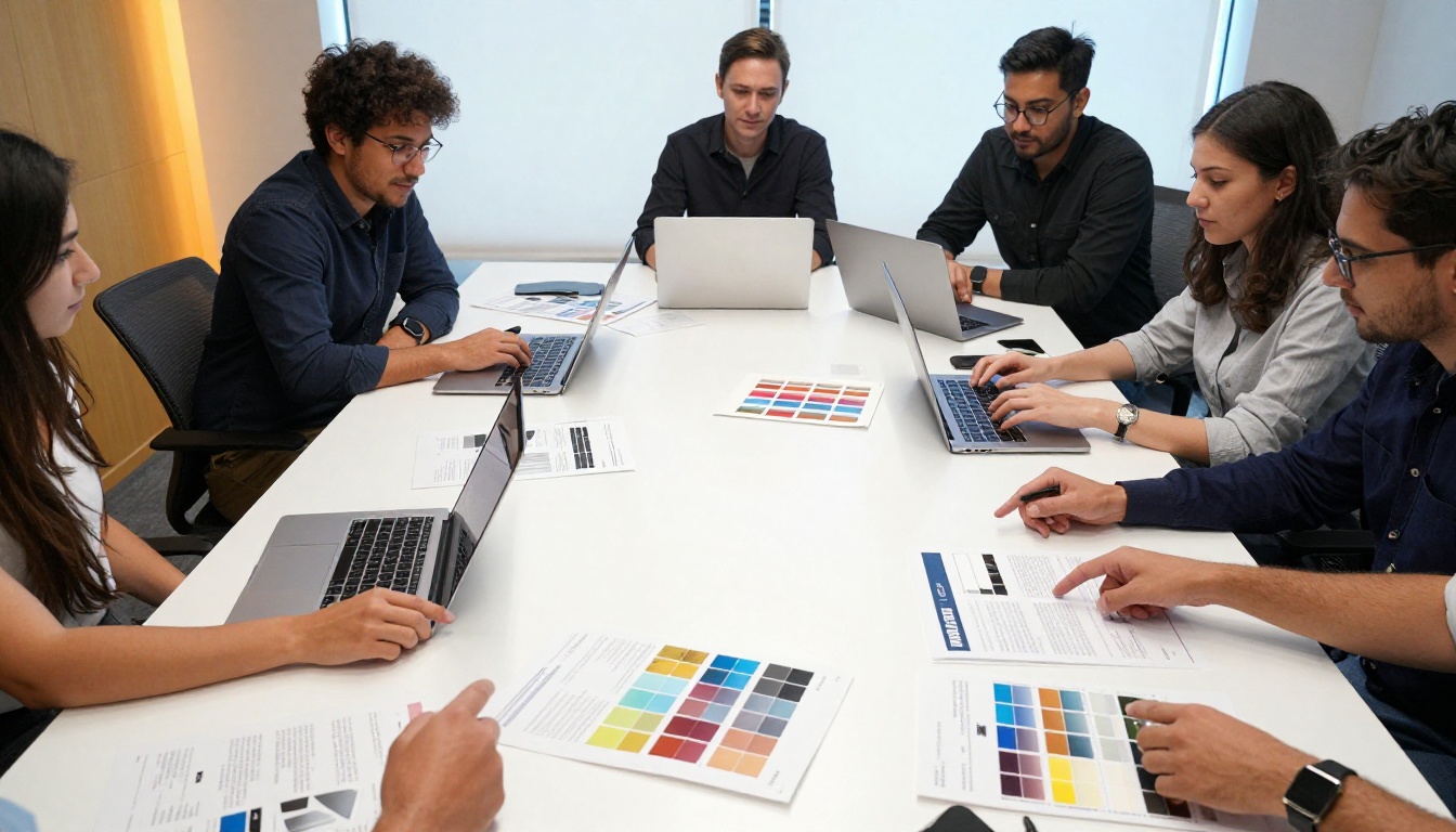 Marketing team collaborating on brochure designs around a conference table