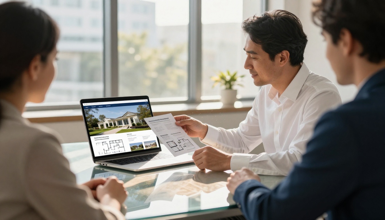 Real estate agent showing a digital property brochure to clients on a laptop