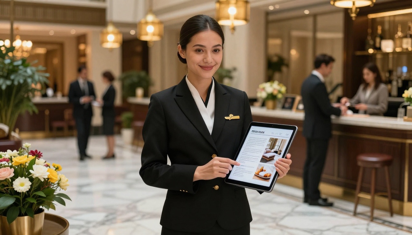 Hotel concierge showing a digital brochure on a tablet to a guest in a luxury lobby