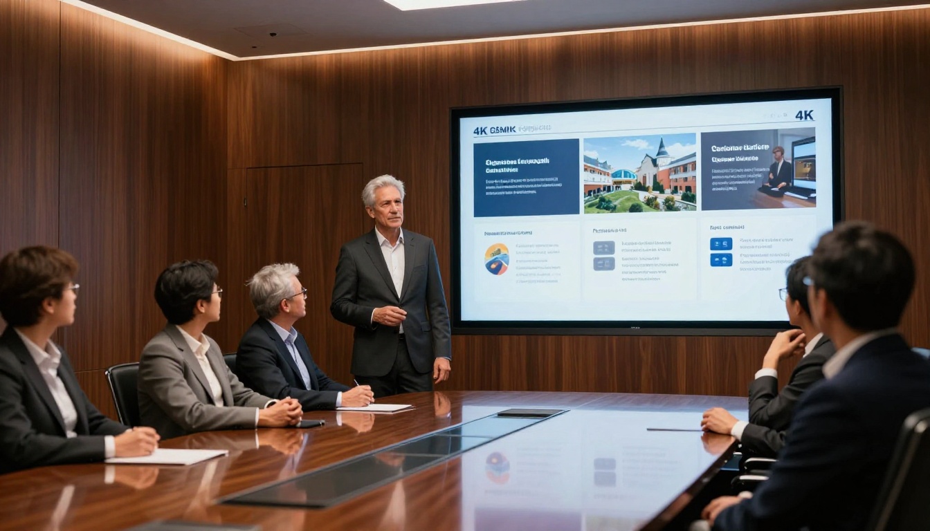 Business executive presenting an interactive brochure in a modern boardroom