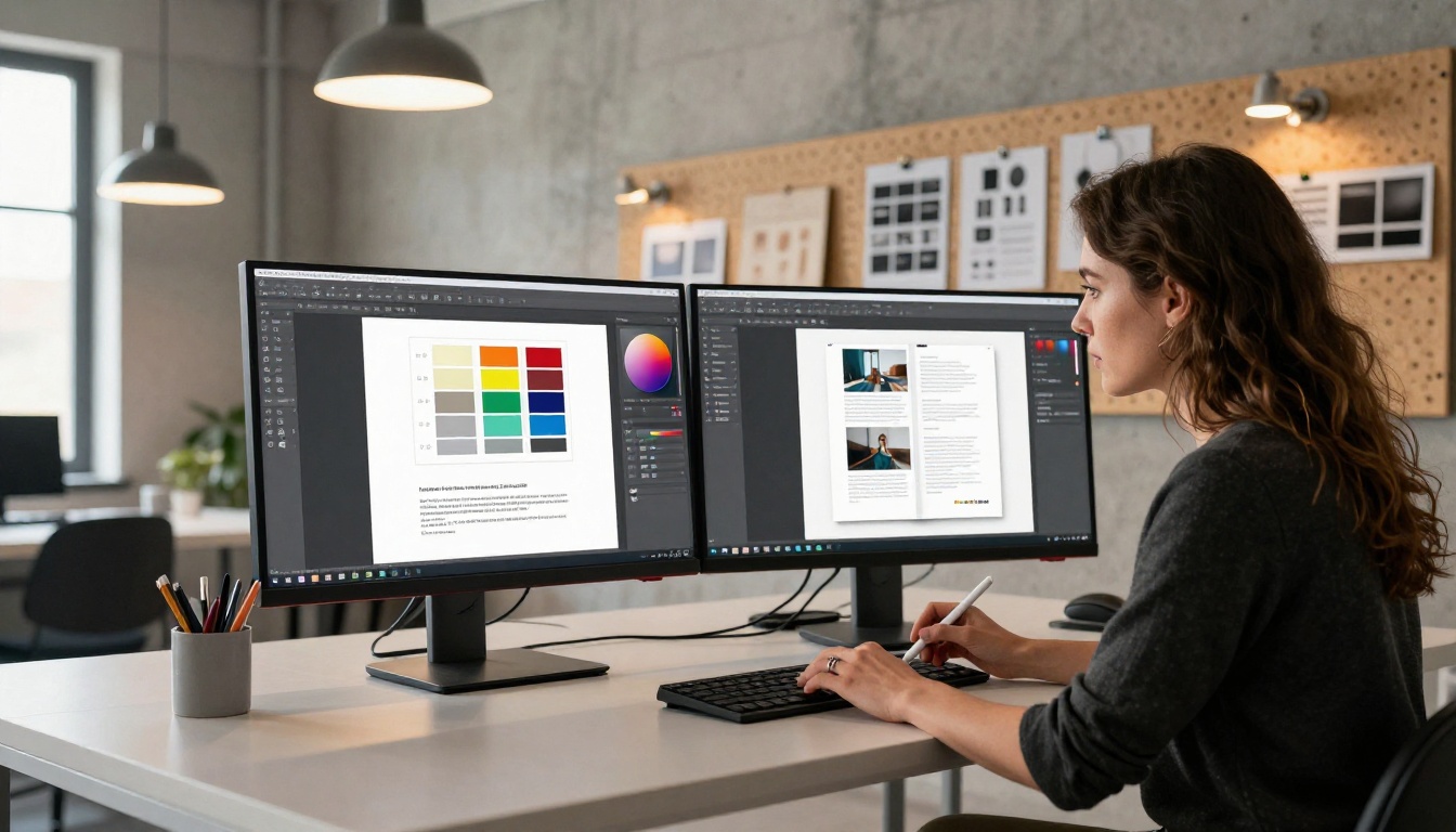 Creative professional designer working on a brochure layout at a dual-monitor workstation