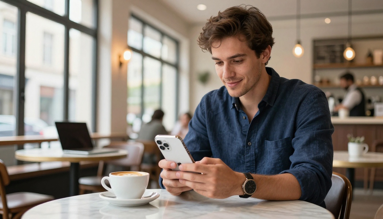 Young professional sharing a flipbook link on smartphone at a coffee shop Young professional sharing a flipbook link on smartphone at a coffee shop
