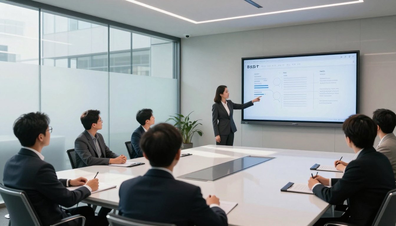 Conference room with presenter showing a flipbook on a large wall display Conference room with presenter showing a flipbook on a large wall display