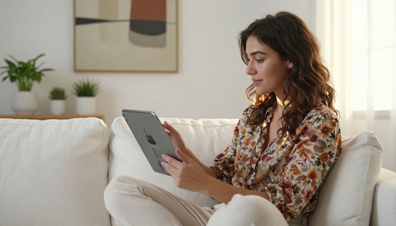 Woman browsing an interactive product catalog flipbook on an iPad at home Woman browsing an interactive product catalog flipbook on an iPad at home