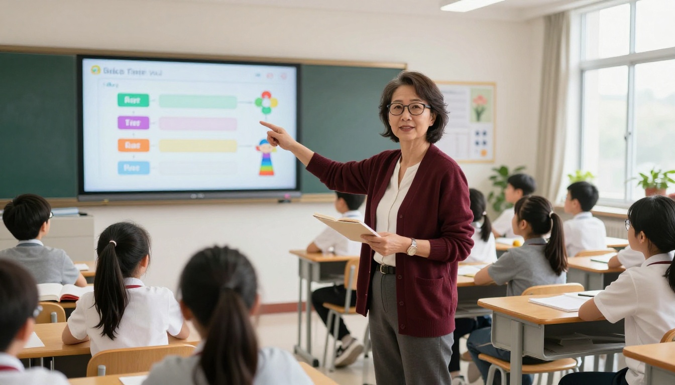 Teacher presenting a digital flipbook to attentive students in a modern classroom Teacher presenting a digital flipbook to attentive students in a modern classroom