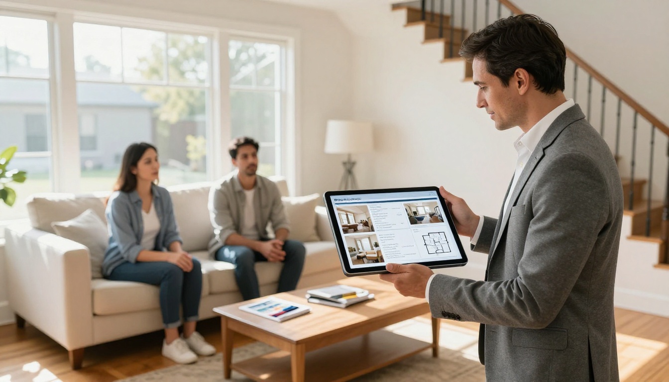 Real estate agent showing a property listing flipbook to buyers on an iPad Real estate agent showing a property listing flipbook to buyers on an iPad