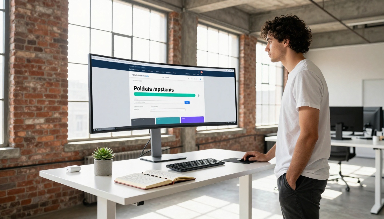 Entrepreneur converting a presentation at a standing desk in a loft office Entrepreneur converting a presentation at a standing desk in a loft office