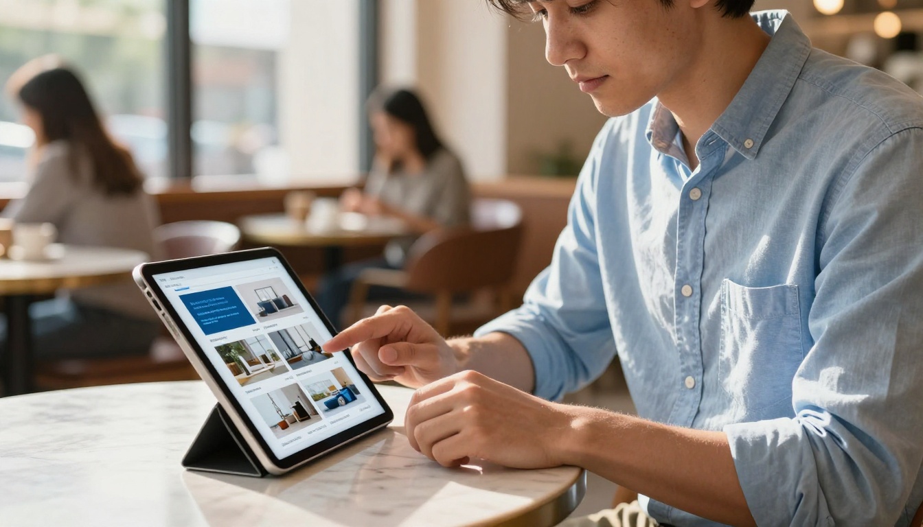 Young professional browsing an interactive flipbook with clickable links on his tablet at a cafe