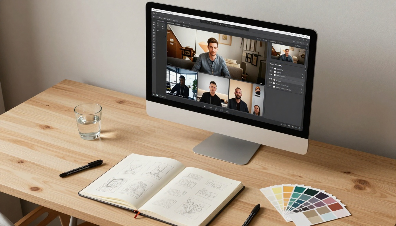 Designer's overhead flat-lay workspace with flipbook editor and video embed panel on monitor