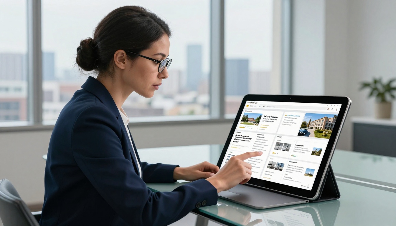 Professional woman reviewing real estate flipbook with embedded video on iPad in glass conference room
