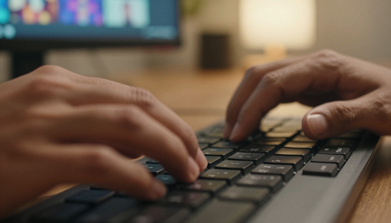 Close-up of hands on keyboard working in a flipbook editor with video embed toolbar in background