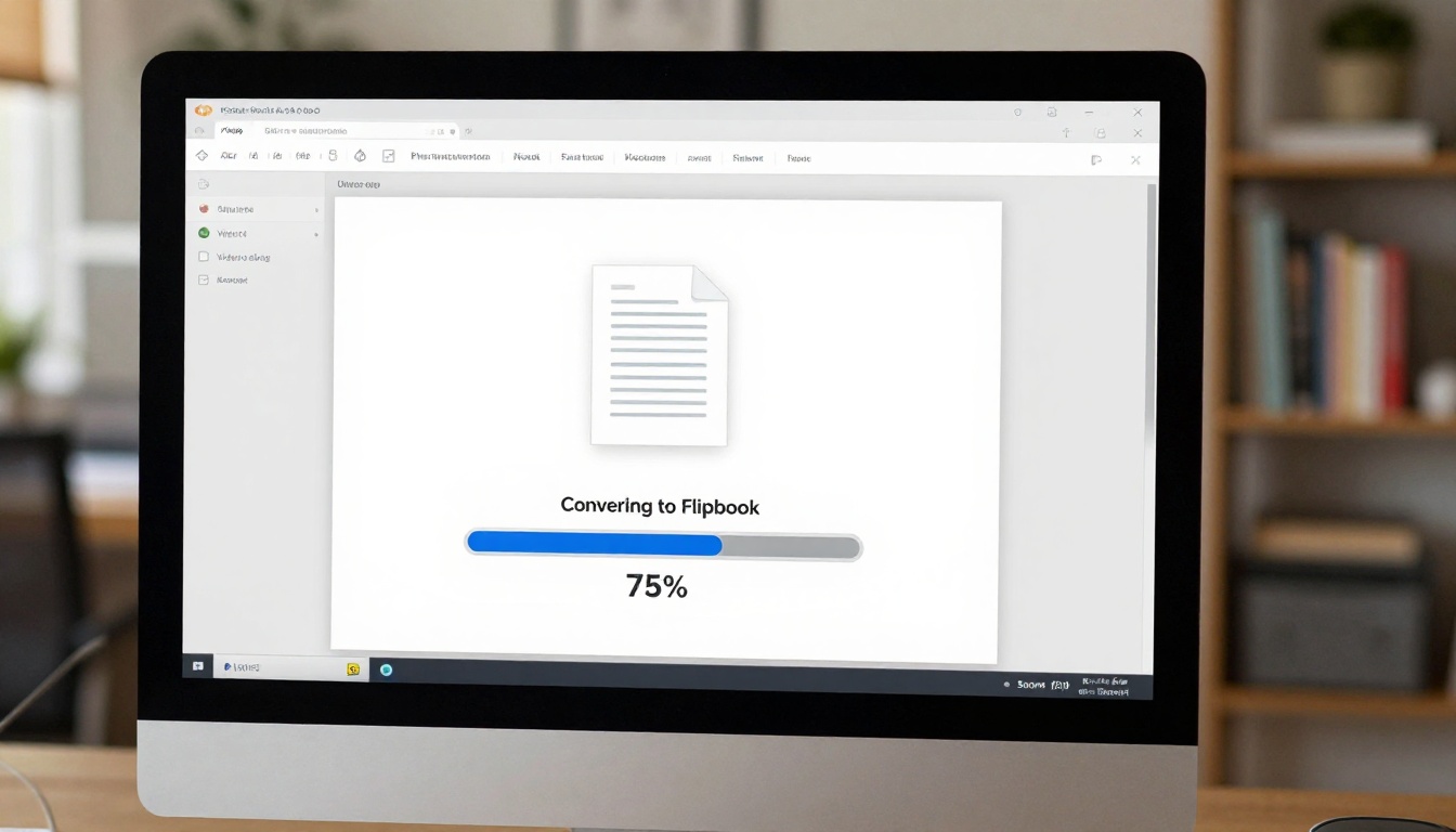Monitor screen showing PDF-to-flipbook conversion interface with video embed options in a home office
