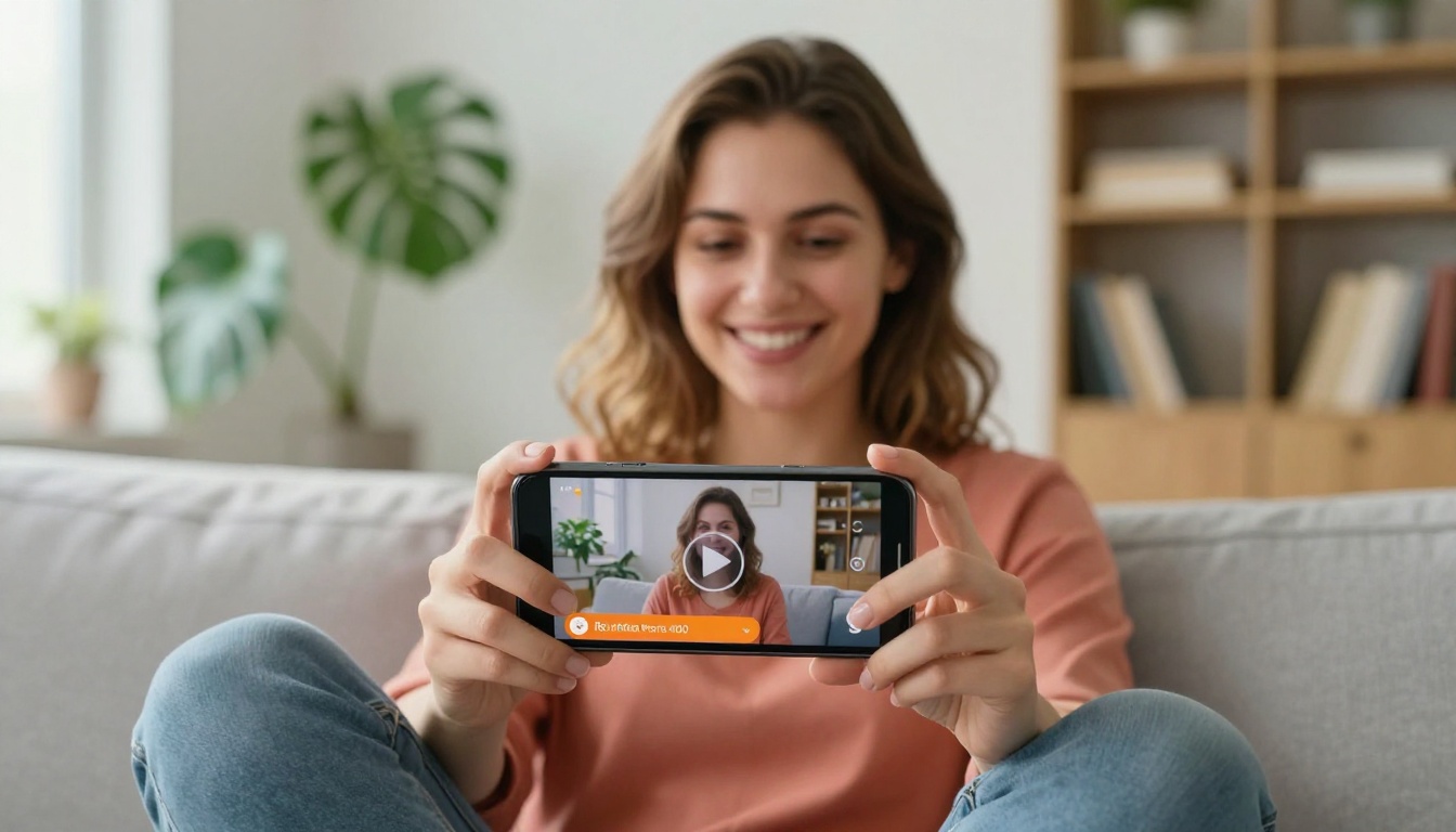 Woman on couch smiling at smartphone viewing a mobile flipbook with embedded video and tap-to-link button