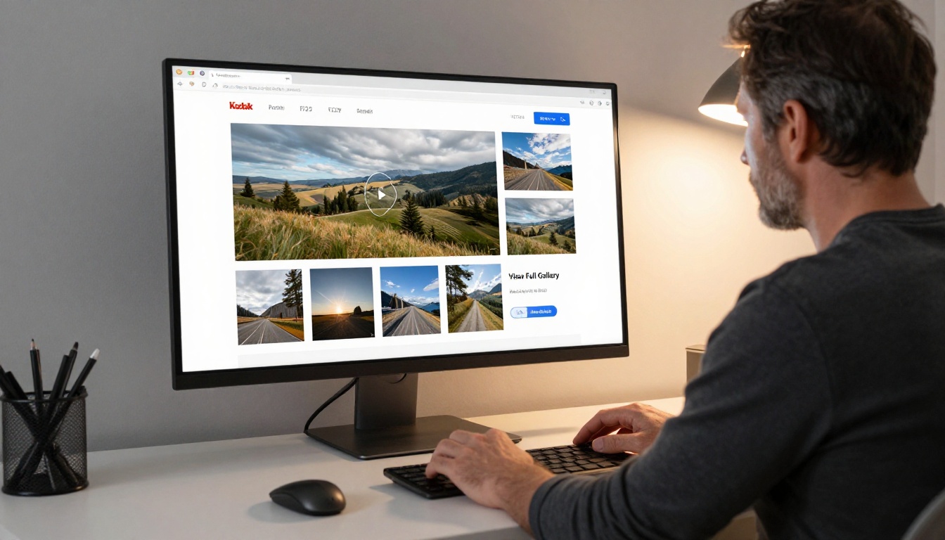 Male photographer reviewing interactive photography portfolio flipbook on large monitor in minimal white office