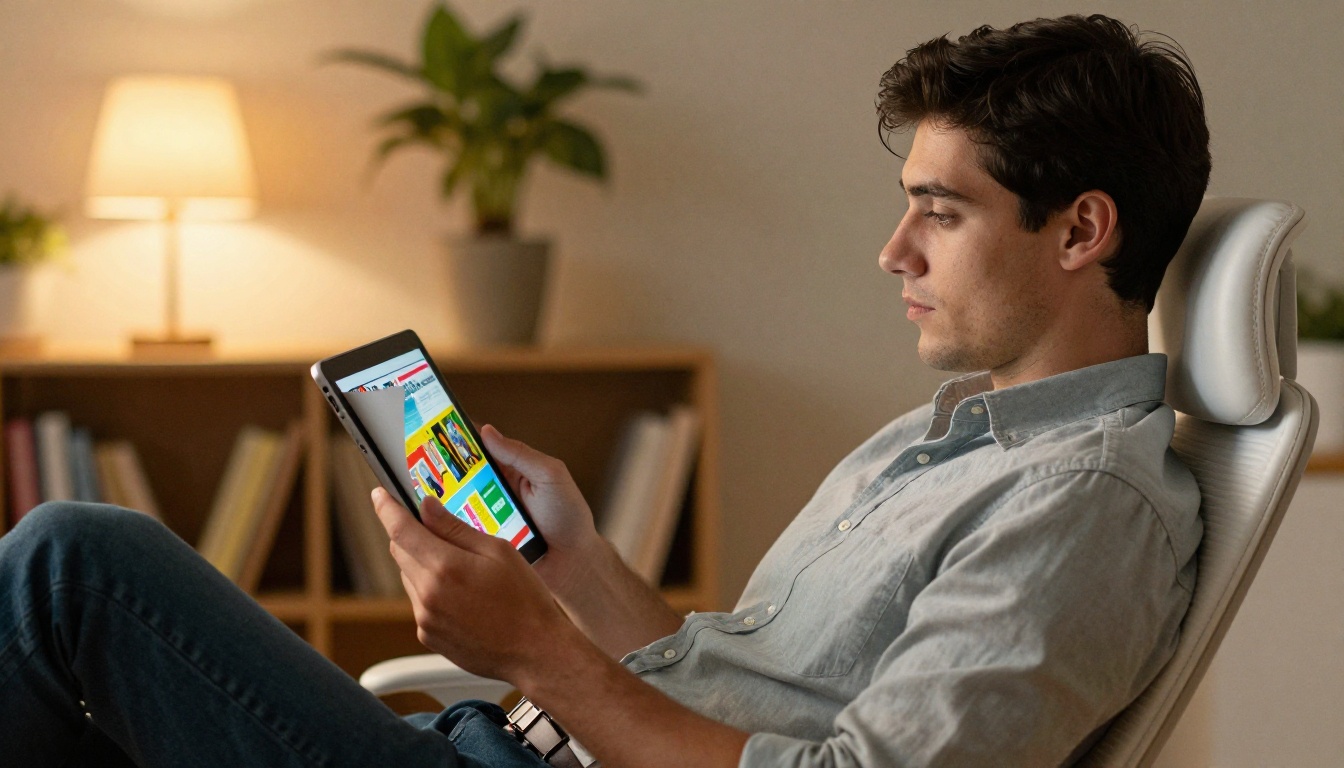 Young professional reading a digital flipbook on a tablet with full absorption Young professional reading a digital flipbook on a tablet with full absorption