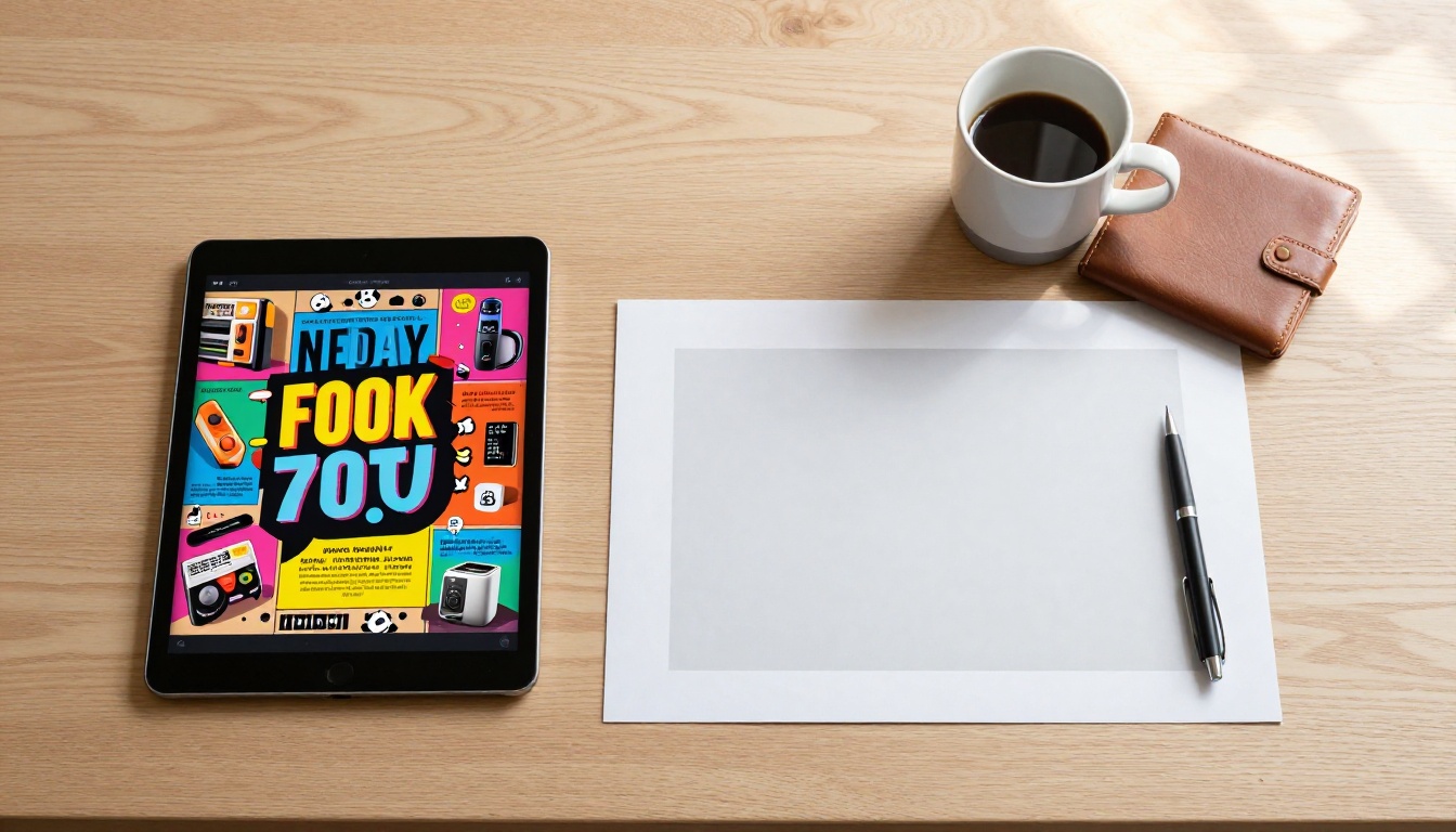 Aerial overhead view comparing a vibrant digital flipbook next to a flat gray PDF document on a wooden desk Aerial overhead view comparing a vibrant digital flipbook next to a flat gray PDF document on a wooden desk