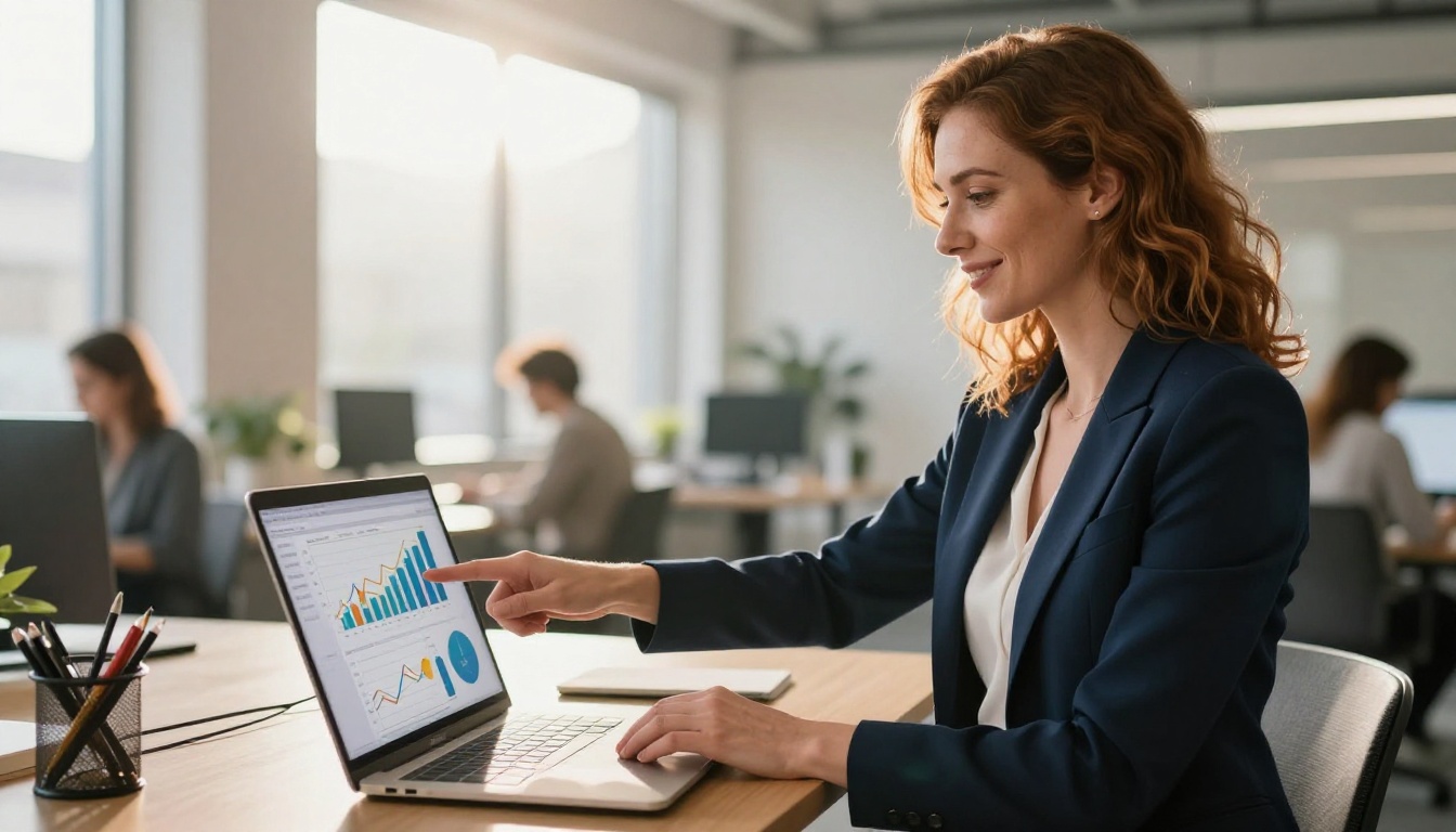 Businesswoman reviewing a flipbook reading activity dashboard with colorful bar charts and performance data Businesswoman reviewing a flipbook reading activity dashboard with colorful bar charts and performance data