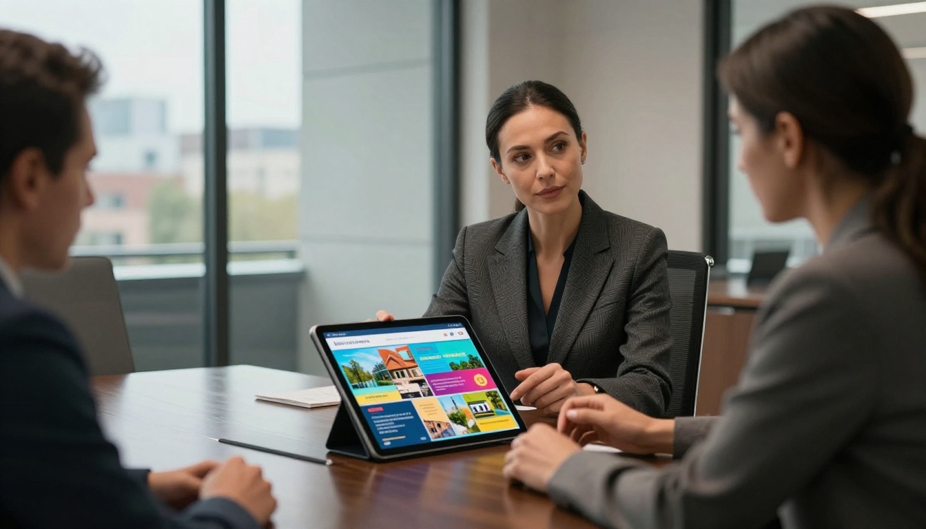 Elegant professional presenting a property brochure as an interactive flipbook to clients at a conference table Elegant professional presenting a property brochure as an interactive flipbook to clients at a conference table