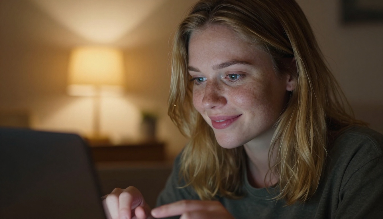 Young woman with genuine delight on her face as she reads a flipbook on her laptop screen Young woman with genuine delight on her face as she reads a flipbook on her laptop screen